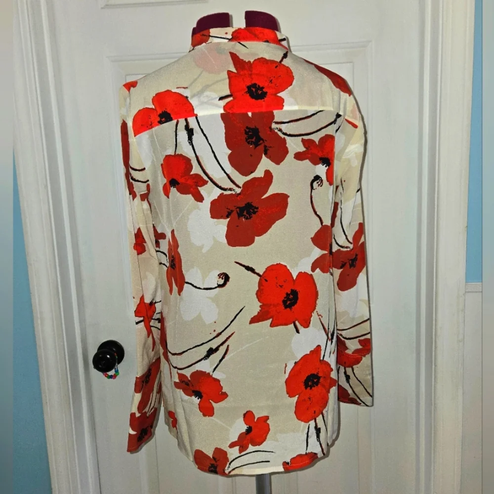 J. Crew Red Poppy Floral Long Sleeve Silk Blouse